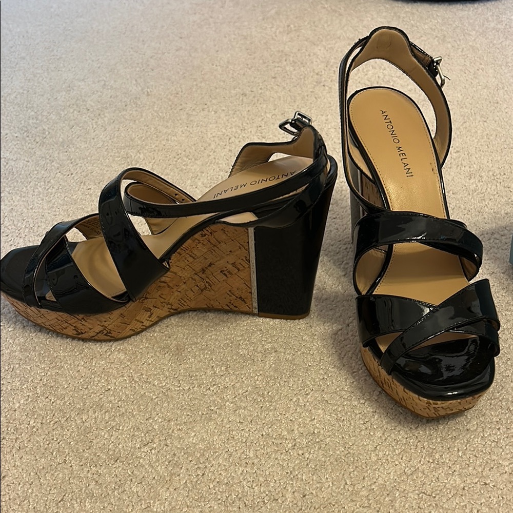 ANTONIO MELANI Black Patent Cork Wedge Sandals